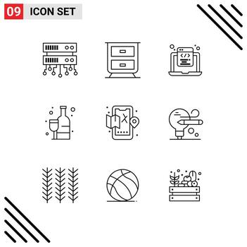 conjunto de pictogramas de 9 contornos simples de programación de ciudades de mapas elementos de diseño de vectores editables alcohólicos móviles
