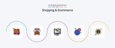 la línea de compras y comercio electrónico llenó el paquete de iconos planos 5 que incluye información. ancho. marketing. hora. globo vector