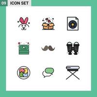 Group of 9 Filledline Flat Colors Signs and Symbols for male hipster document moustache money Editable Vector Design Elements