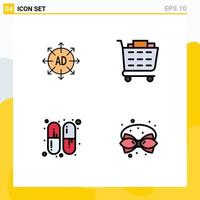 Pictogram Set of 4 Simple Filledline Flat Colors of advertising pills ad shopping cart bow Editable Vector Design Elements