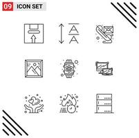 Mobile Interface Outline Set of 9 Pictograms of watch device message picture frame Editable Vector Design Elements