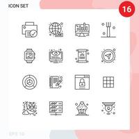 Set of 16 Vector Outlines on Grid for handwatch kitchen world wide fork graph Editable Vector Design Elements