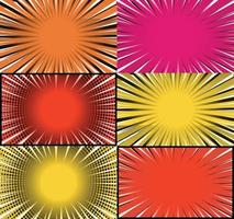 Comic book colorful frames background with halftone rays radial and dotted effects pop art style vector