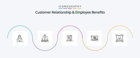 relación con el cliente y paquete de iconos de la línea 5 de beneficios para empleados, incluido el usuario. LCD. científico. monitor. novela vector