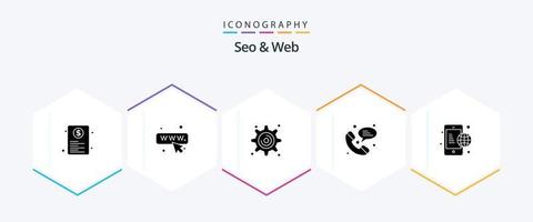 Seo and Web 25 Glyph icon pack including internet. communication. cogwheel. business. phone vector