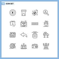 Pack of 16 Modern Outlines Signs and Symbols for Web Print Media such as cloths beach label search networking Editable Vector Design Elements