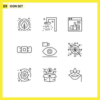 Mobile Interface Outline Set of 9 Pictograms of camera cam up tie bowtie Editable Vector Design Elements