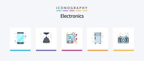 Paquete de 5 iconos planos de electrónica que incluye. lente auriculares. fotografía. refrigerador. diseño de iconos creativos vector