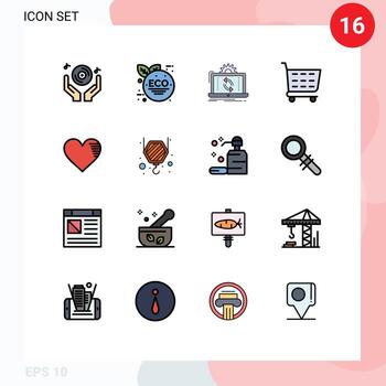 paquete de línea de vector editable de 16 líneas simples llenas de color plano de amor carrito de compras tienda de datos sincronizar elementos de diseño de vector creativo editable