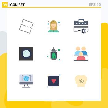 Mobile Interface Flat Color Set of 9 Pictograms of islam mosque set recessed lamp Editable Vector Design Elements