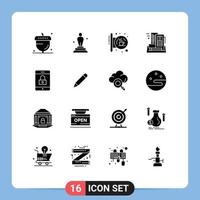 Pack of 16 Modern Solid Glyphs Signs and Symbols for Web Print Media such as city hotel statue signal hanging signpost Editable Vector Design Elements