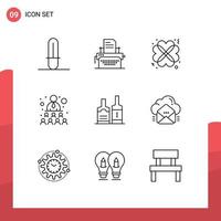 Group of 9 Outlines Signs and Symbols for bottl alcohol love work relationship Editable Vector Design Elements