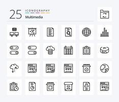 paquete de iconos multimedia de 25 líneas que incluye inspección. analítica. sitio web. globo. educación vector