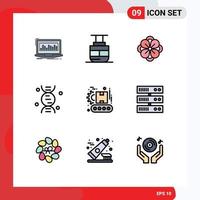 Mobile Interface Filledline Flat Color Set of 9 Pictograms of factory science vehicles research spring flower Editable Vector Design Elements