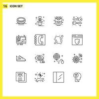 Mobile Interface Outline Set of 16 Pictograms of book content fast food blogging symmetric Editable Vector Design Elements