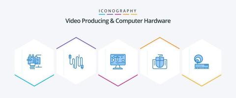 Paquete de 25 íconos azules de producción de video y hardware de computadora que incluye conexión. interfaz de ratón comunicación. interfaz. gráficos vector