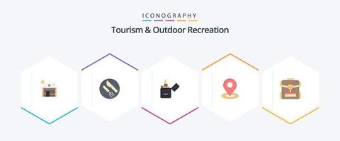 turismo y recreación al aire libre paquete de 25 íconos planos que incluye mochila. hotel. fuego. alfiler. localización vector