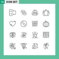 Set of 16 Vector Outlines on Grid for like heart cargo vegetables food Editable Vector Design Elements