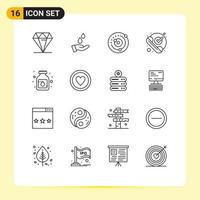 Universal Icon Symbols Group of 16 Modern Outlines of received ok orbit checked sphere Editable Vector Design Elements