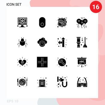 16 glifos sólidos universales establecidos para aplicaciones web y móviles error de virus que aloja elementos de diseño vectorial editables de amor de boda vector