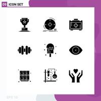 Modern Set of 9 Solid Glyphs Pictograph of eye ice telemedicine cream dumbbell Editable Vector Design Elements