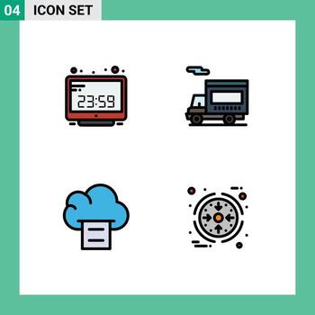 4 colores planos universales de línea de relleno establecidos para aplicaciones web y móviles reloj nube computadora tiempo camión imprimir elementos de diseño vectorial editables vector