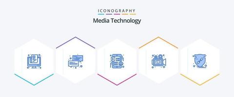 tecnología de medios 25 paquete de iconos azules que incluye retro. película. mensaje. cámara. interfaz de usuario vector