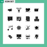 16 User Interface Solid Glyph Pack of modern Signs and Symbols of video chatting report basic like Editable Vector Design Elements