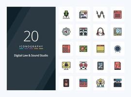 20 Digital Law And Sound Studio line Filled icon for presentation vector