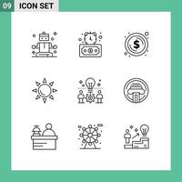 Mobile Interface Outline Set of 9 Pictograms of solution bulb coin team beach Editable Vector Design Elements