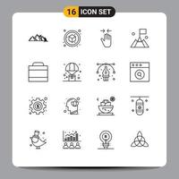 Pack of 16 Modern Outlines Signs and Symbols for Web Print Media such as case mountain hand interface zoom in Editable Vector Design Elements