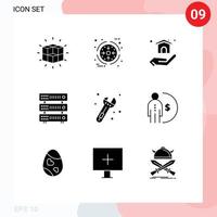 9 User Interface Solid Glyph Pack of modern Signs and Symbols of tool hosting product server database Editable Vector Design Elements