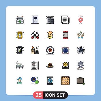 paquete de color plano de línea rellena de 25 símbolos universales de mapa camping pin de internet escribir elementos de diseño vectorial editables vector