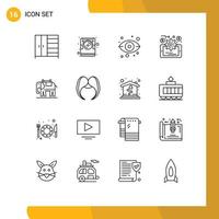 Mobile Interface Outline Set of 16 Pictograms of moustache american server elephent data management Editable Vector Design Elements