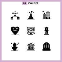 Mobile Interface Solid Glyph Set of 9 Pictograms of play mother building mom heart Editable Vector Design Elements