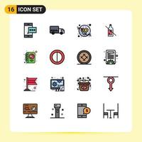 Pack of 16 Modern Flat Color Filled Lines Signs and Symbols for Web Print Media such as heart whiskey truck no alcohol Editable Creative Vector Design Elements