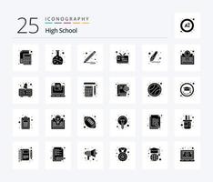 High School 25 Solid Glyph icon pack including explore. marker. pencil. highlighter. student card vector