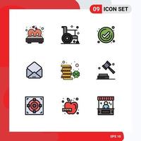 Filledline Flat Color Pack of 9 Universal Symbols of coin mail health message tick Editable Vector Design Elements