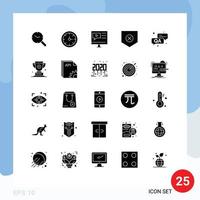 User Interface Pack of 25 Basic Solid Glyphs of answer shield education security video Editable Vector Design Elements