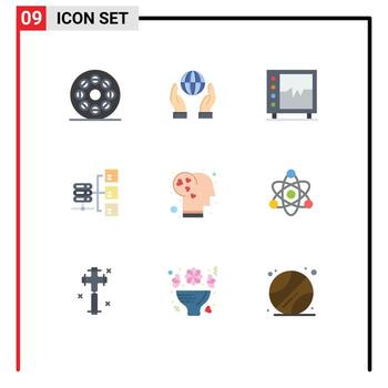 Conjunto de 9 colores planos universales para aplicaciones web y móviles elementos de diseño vectorial editables de medicina de servidor de ritmo compartido cerebral vector