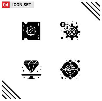Set of 4 Vector Solid Glyphs on Grid for cpu diamond processor chip gear present Editable Vector Design Elements