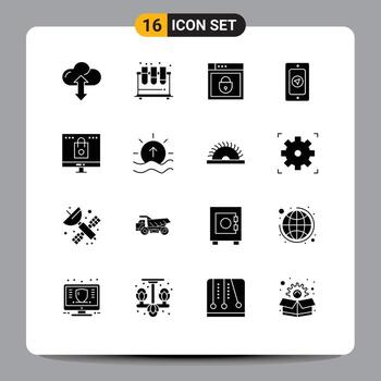 Editable Vector Line Pack of 16 Simple Solid Glyphs of computer rainy study pin web security Editable Vector Design Elements