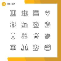 Pack of 16 Modern Outlines Signs and Symbols for Web Print Media such as medical greeting card banking cultures map Editable Vector Design Elements