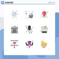 Modern Set of 9 Flat Colors Pictograph of microphone audio air balloon building city Editable Vector Design Elements