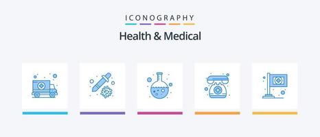 paquete de iconos azul 5 de salud y medicina que incluye bandera. emergencia. prueba. teléfono. medico de guardia. diseño de iconos creativos vector