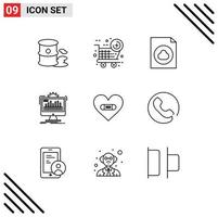 Stock Vector Icon Pack of 9 Line Signs and Symbols for heart hurt document processing monitor Editable Vector Design Elements