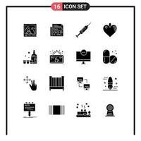 Mobile Interface Solid Glyph Set of 16 Pictograms of bottle love syringe heart shot Editable Vector Design Elements