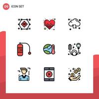 Mobile Interface Filledline Flat Color Set of 9 Pictograms of earth travel health care diving arrow Editable Vector Design Elements