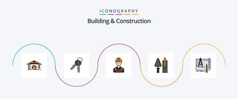 Building And Construction Line Filled Flat 5 Icon Pack Including tool. construction. worker. brickwork. repair vector