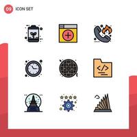 9 User Interface Filledline Flat Color Pack of modern Signs and Symbols of time clock graphics hotline fire Editable Vector Design Elements